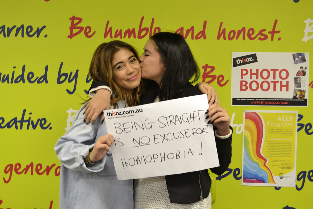Last year's IDAHOT celebrations at CQ University in Sydney Australia brings the message, "Being straight is no excuse for homophobia." (Source: Acon Online for Flickr. Some rights reserved.) 