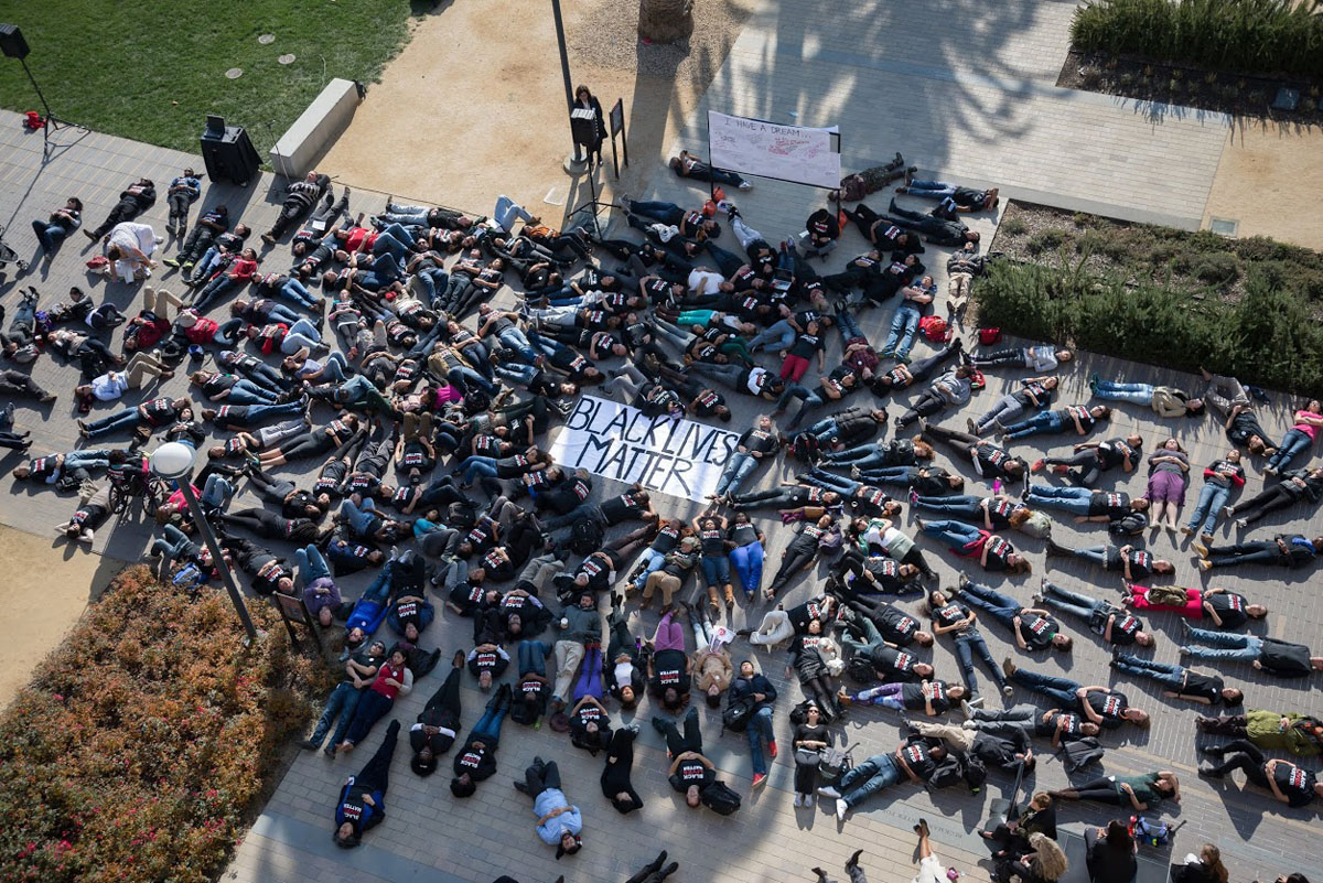 Students at a #blacklivesmatter die-in. There is a planned die-in across the country on April 4. (Image source: Author). 